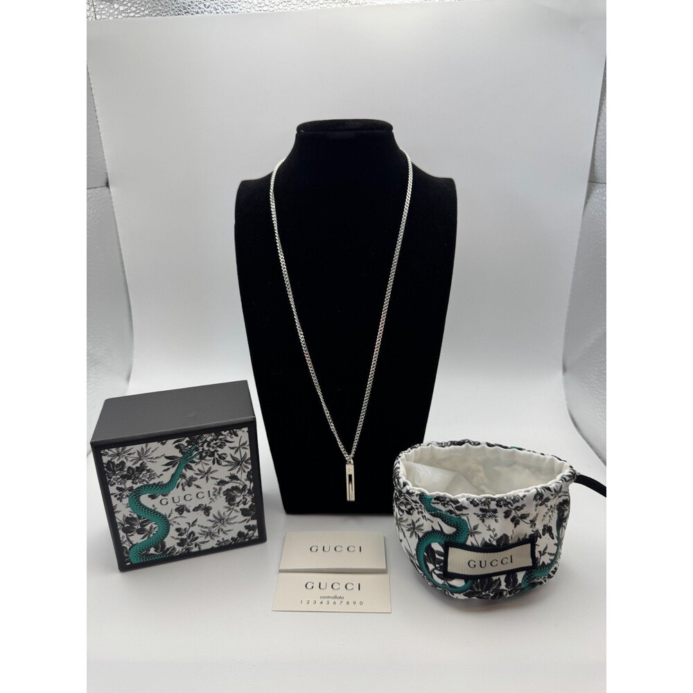 GUCCI Necklace Cut Out G Bar Sterling Silver Unisex Kihei Chain new w/ Box Pouch - Picture 2 of 10